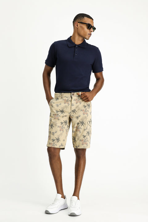 Açık Bej 6 Drop Regular Fit Standart Kesim Baskılı Likralı Bermuda Kargo Şort