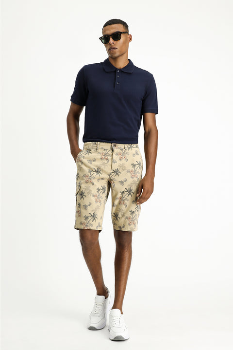 Açık Bej 6 Drop Regular Fit Standart Kesim Baskılı Likralı Bermuda Kargo Şort