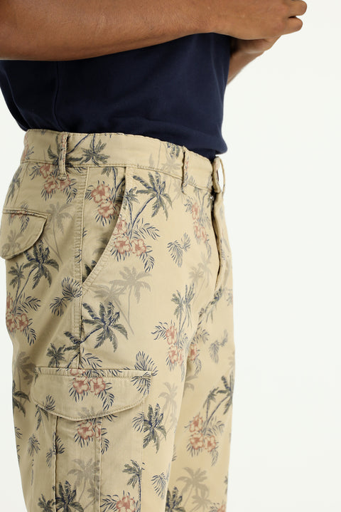 Açık Bej 4 Drop Relaxed Fit Rahat Kesim Baskılı Likralı Bermuda Kargo Şort