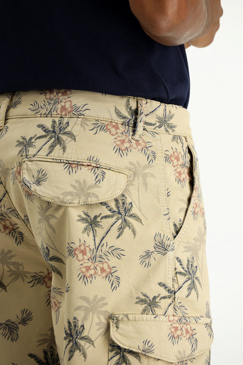 Açık Bej 6 Drop Regular Fit Standart Kesim Baskılı Likralı Bermuda Kargo Şort