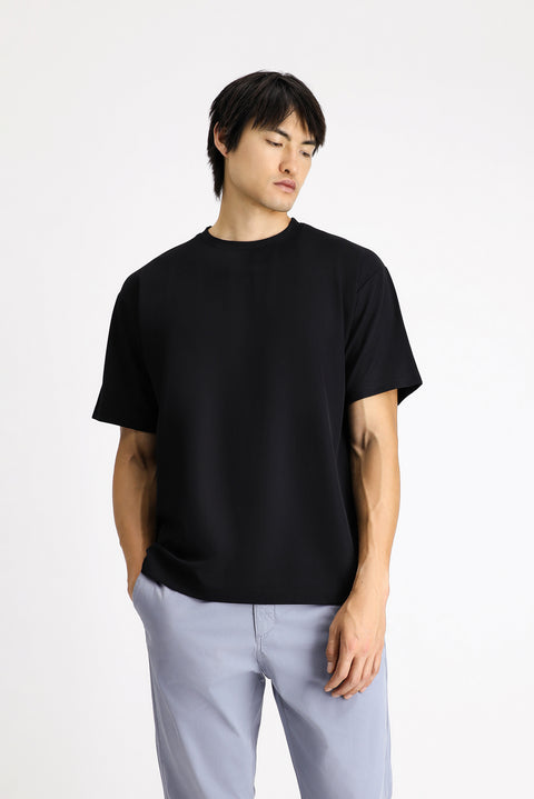 Siyah Bisiklet Yaka Oversize Likralı Tişört