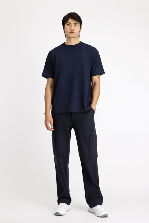 Koyu Lacivert Bisiklet Yaka Oversize Likralı Tişört