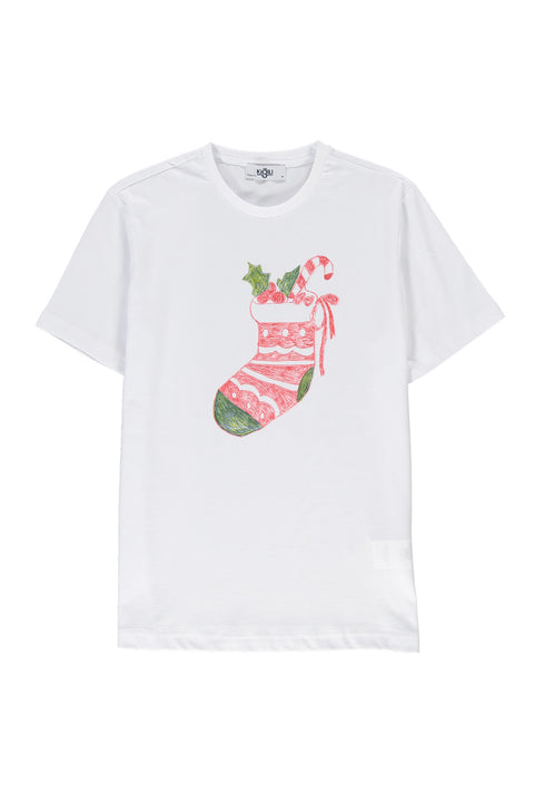 Beyaz SOBE Vakfı Bisiklet Yaka Regular Fit Yılbaşı Çorabı Pamuk Tişört