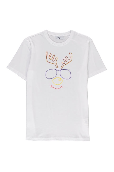 Beyaz SOBE Vakfı Bisiklet Yaka Regular Fit Gözlüklü Geyik Pamuk Tişört