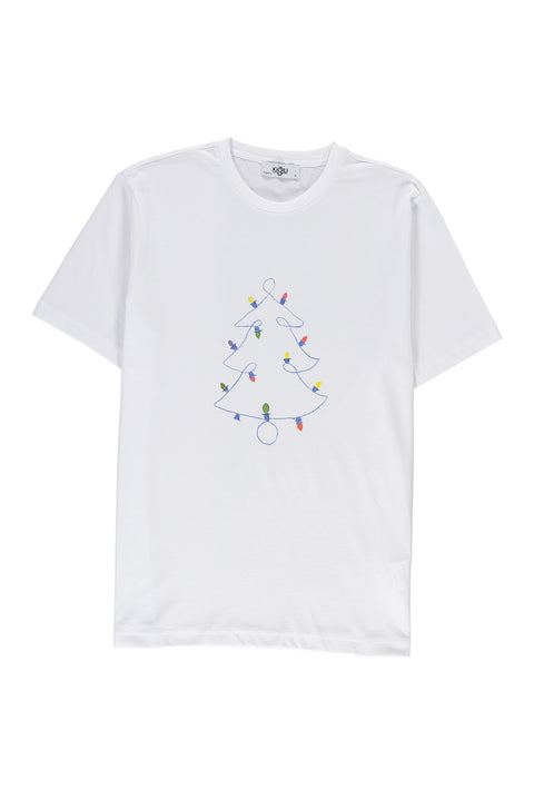 Beyaz SOBE Vakfı Bisiklet Yaka Regular Fit Mavi Çizgili Yılbaşı Işığı Motifli Pamuk Tişört