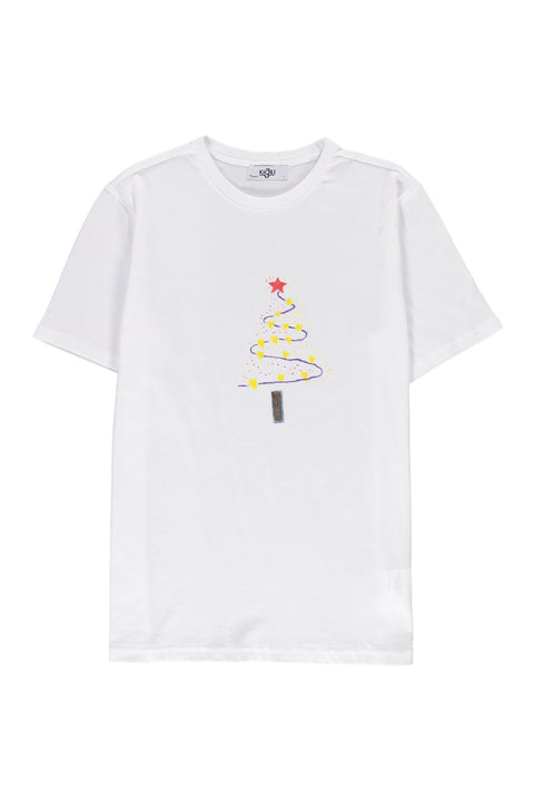Beyaz SOBE Vakfı Bisiklet Yaka Regular Fit Sarı Kalpli Yılbaşı Ağacı Motifli Pamuk Tişört
