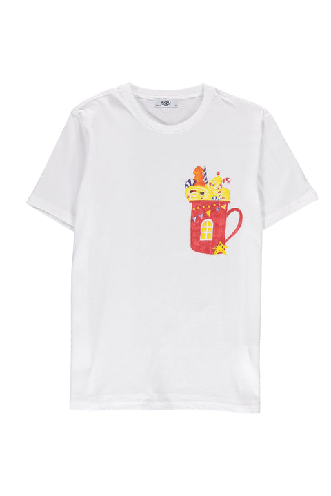 Beyaz SOBE Vakfı Bisiklet Yaka Regular Fit Kırmızı Bardak Desenli Pamuk Tişört