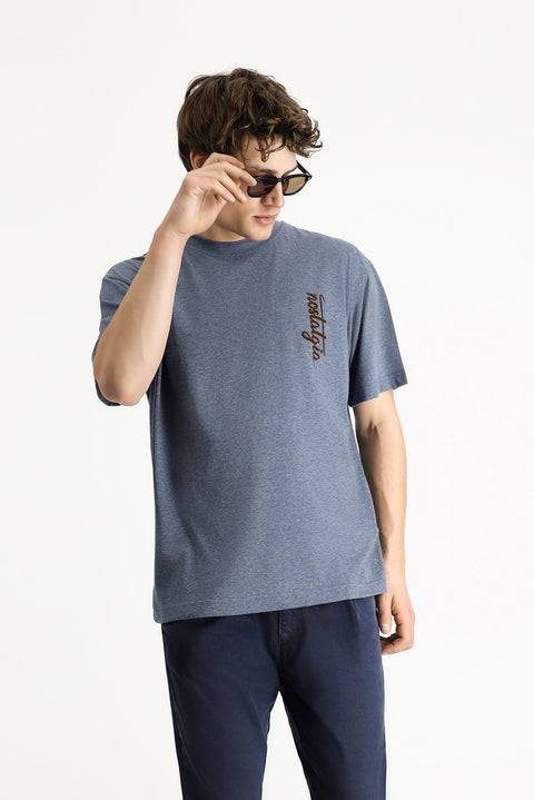 İndigo Melanj Bisiklet Yaka Oversize Baskılı Pamuk Tişört