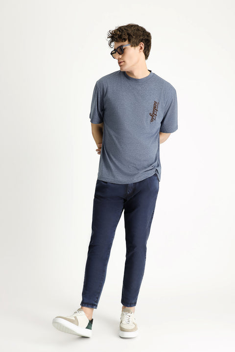 İndigo Melanj Bisiklet Yaka Oversize Baskılı Pamuk Tişört