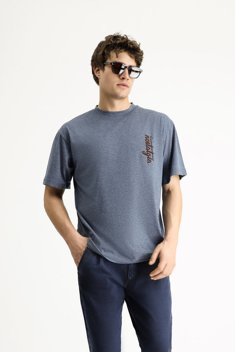 İndigo Melanj Bisiklet Yaka Oversize Baskılı Pamuk Tişört