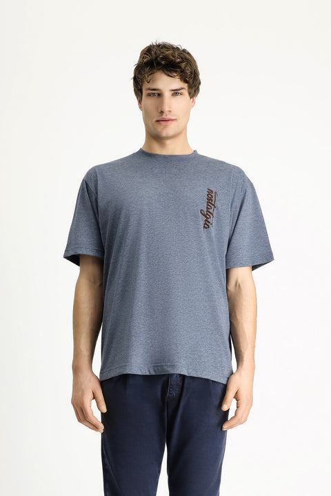 İndigo Melanj Bisiklet Yaka Oversize Baskılı Pamuk Tişört