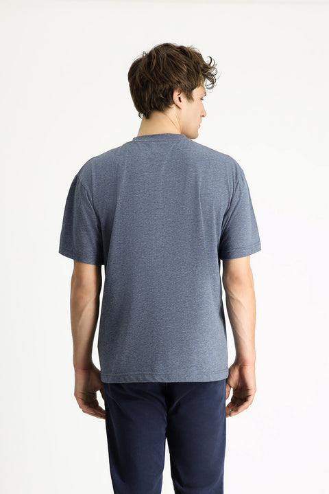 İndigo Melanj Bisiklet Yaka Oversize Baskılı Pamuk Tişört