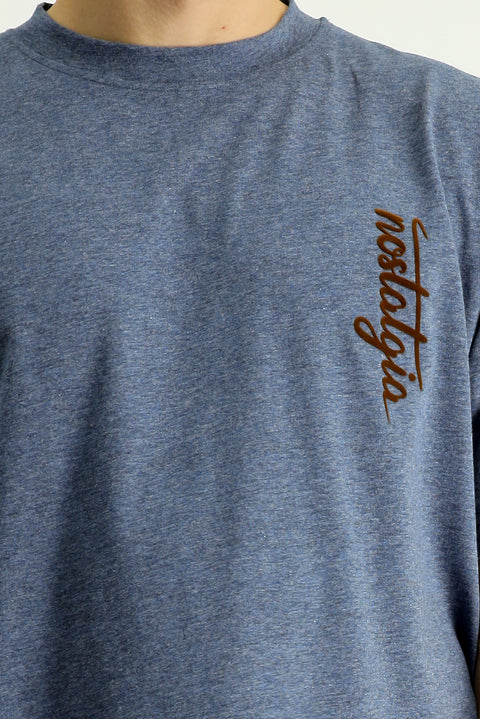 İndigo Melanj Bisiklet Yaka Oversize Baskılı Pamuk Tişört