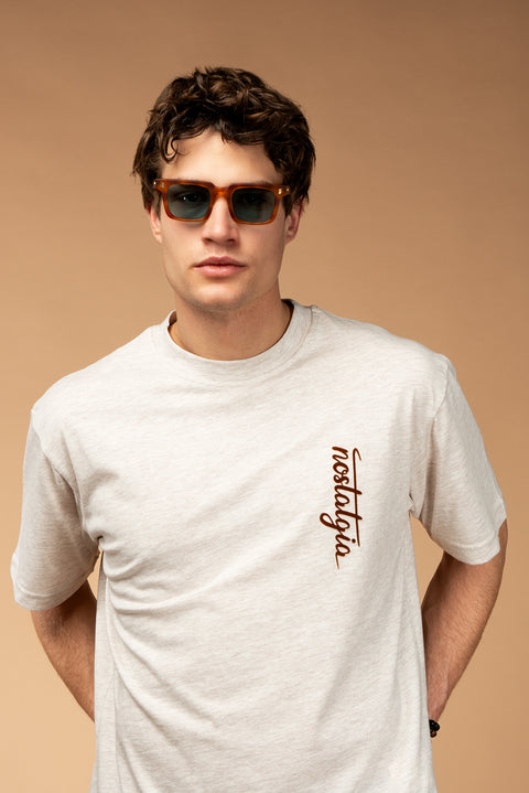 Açık Bej Bisiklet Yaka Oversize Baskılı Pamuk Tişört