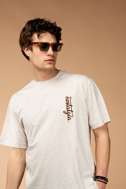 Açık Bej Bisiklet Yaka Oversize Baskılı Pamuk Tişört