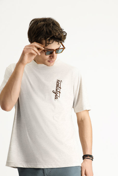 Açık Bej Bisiklet Yaka Oversize Baskılı Pamuk Tişört