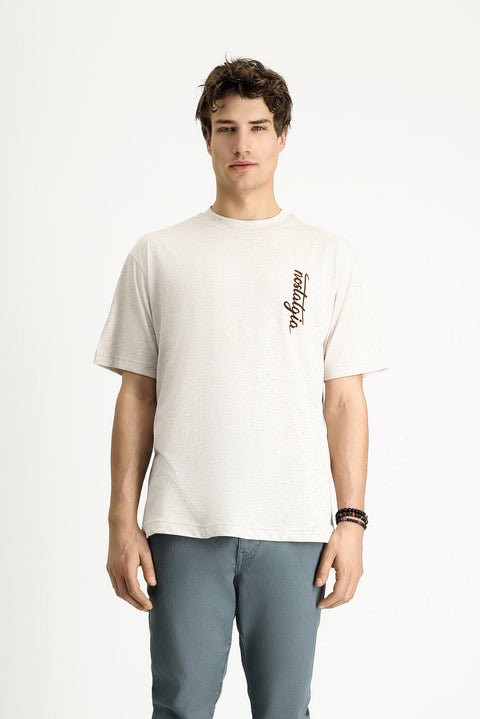 Açık Bej Bisiklet Yaka Oversize Baskılı Pamuk Tişört