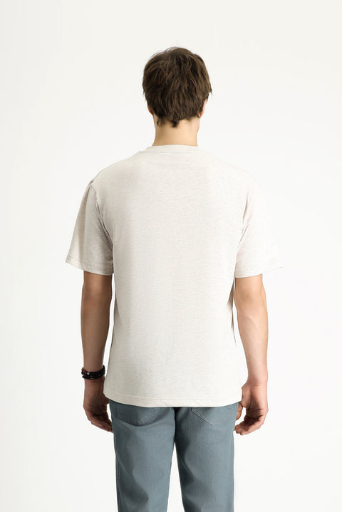 Açık Bej Bisiklet Yaka Oversize Baskılı Pamuk Tişört