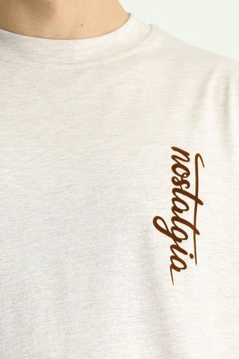 Açık Bej Bisiklet Yaka Oversize Baskılı Pamuk Tişört