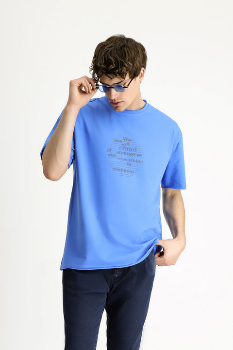 İndigo Bisiklet Yaka Oversize Baskılı Pamuk Tişört