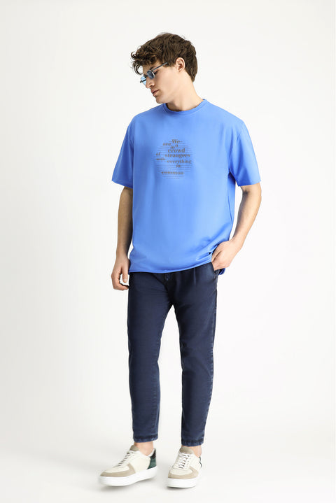 İndigo Bisiklet Yaka Oversize Baskılı Pamuk Tişört