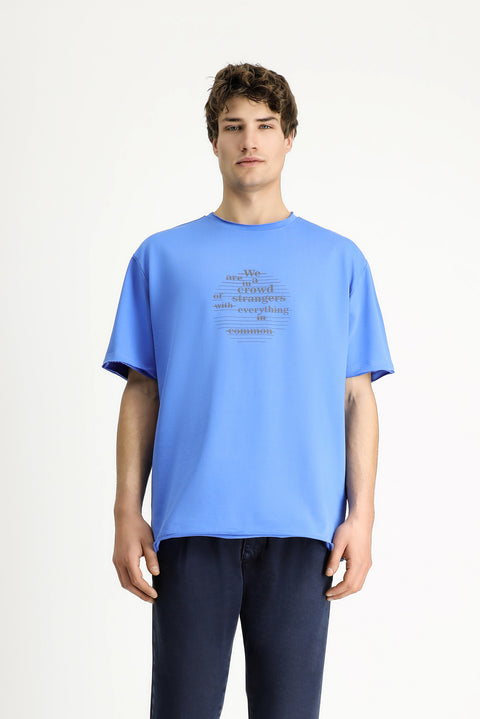 İndigo Bisiklet Yaka Oversize Baskılı Pamuk Tişört