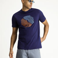 Orta Lacivert Bisiklet Yaka Regular Fit Baskılı Pamuk Tişört