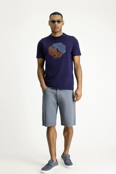 Orta Lacivert Bisiklet Yaka Regular Fit Baskılı Pamuk Tişört