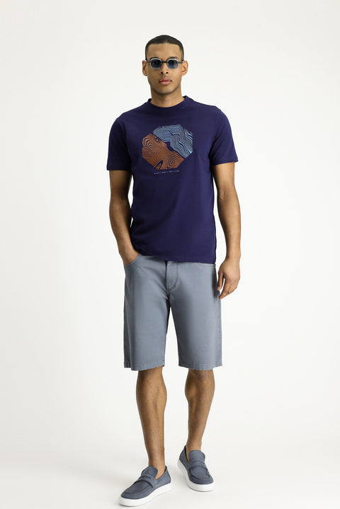 Orta Lacivert Bisiklet Yaka Regular Fit Baskılı Pamuk Tişört