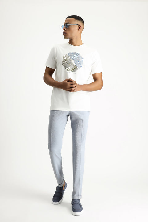 Ekru Bisiklet Yaka Regular Fit Baskılı Pamuk Tişört