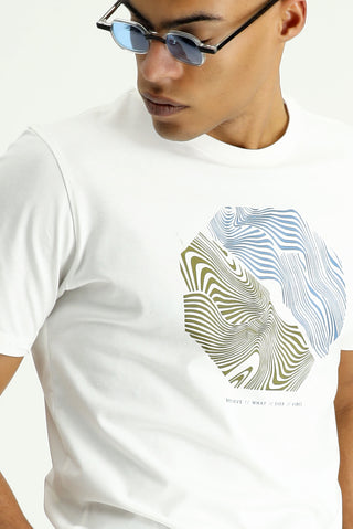  Ekru Bisiklet Yaka Regular Fit Baskılı Pamuk Tişört