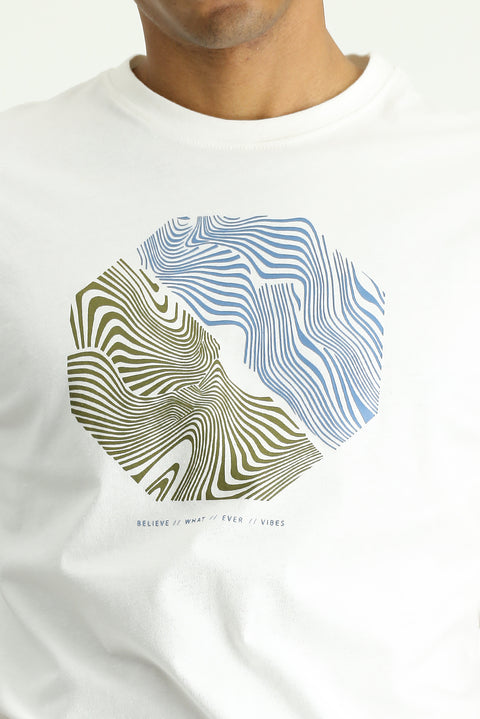 Ekru Bisiklet Yaka Regular Fit Baskılı Pamuk Tişört