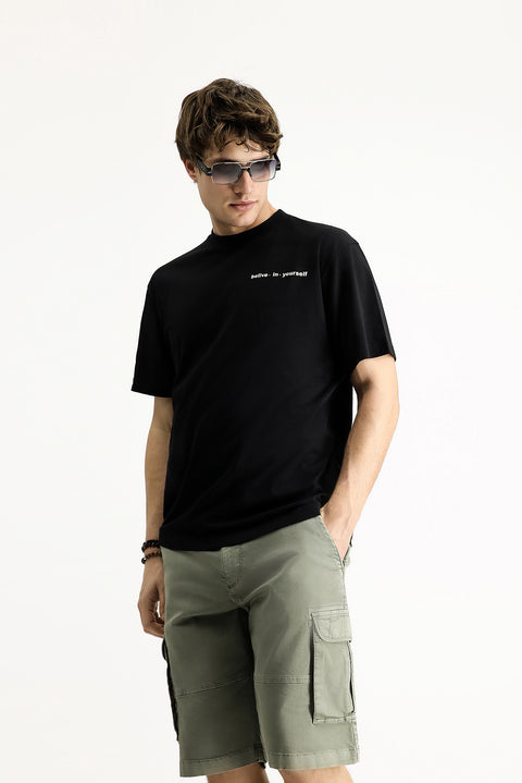 Siyah Bisiklet Yaka Regular Fit Desenli Pamuk Tişört