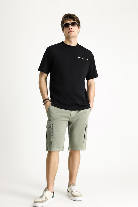 Siyah Bisiklet Yaka Regular Fit Desenli Pamuk Tişört