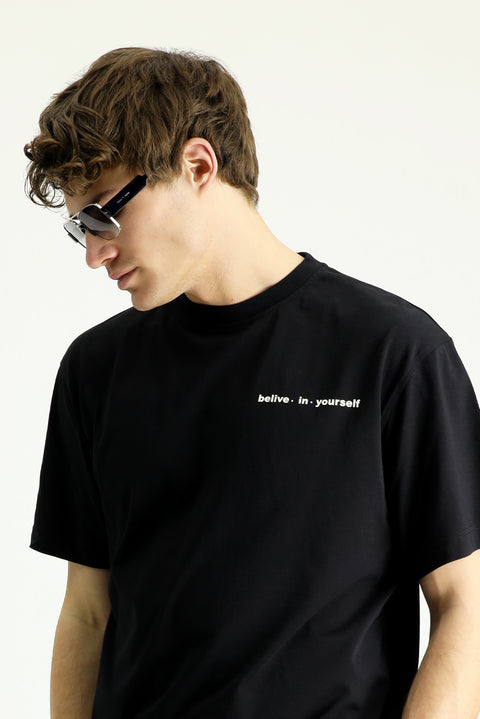 Siyah Bisiklet Yaka Regular Fit Desenli Pamuk Tişört