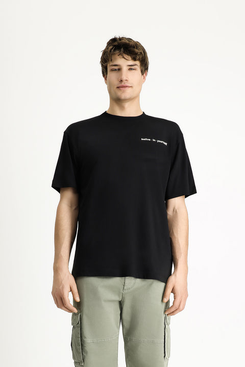 Siyah Bisiklet Yaka Regular Fit Desenli Pamuk Tişört