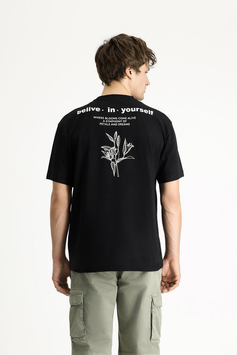 Siyah Bisiklet Yaka Regular Fit Desenli Pamuk Tişört