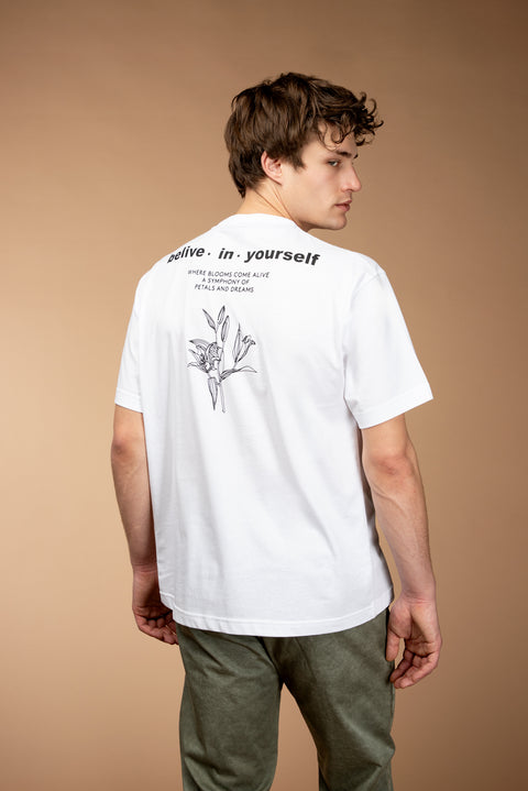 Beyaz Bisiklet Yaka Regular Fit Desenli Pamuk Tişört