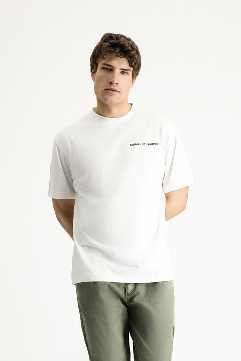 Beyaz Bisiklet Yaka Regular Fit Desenli Pamuk Tişört