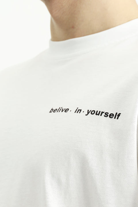 Beyaz Bisiklet Yaka Regular Fit Desenli Pamuk Tişört