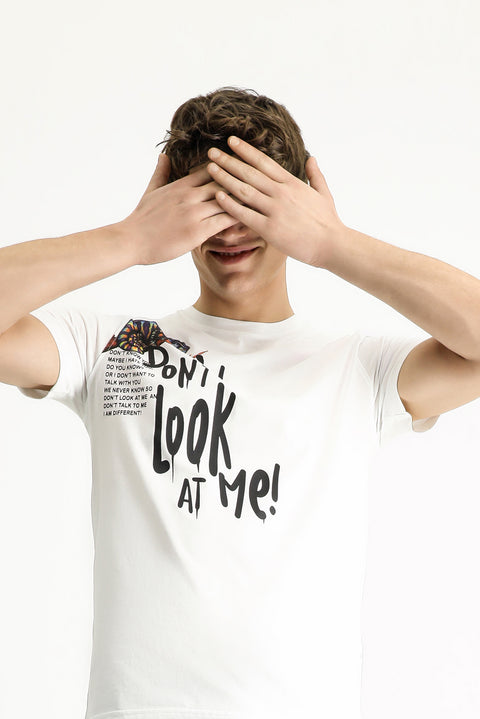 Beyaz Bisiklet Yaka Regular Fit Baskılı Pamuk Tişört