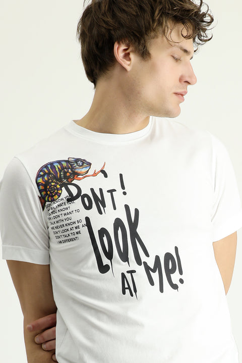 Beyaz Bisiklet Yaka Regular Fit Baskılı Pamuk Tişört