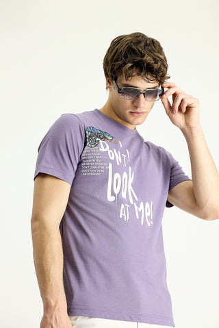  Açık Mor Bisiklet Yaka Regular Fit Baskılı Pamuk Tişört
