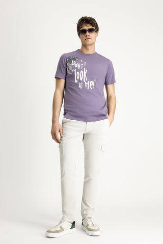  Açık Mor Bisiklet Yaka Regular Fit Baskılı Pamuk Tişört