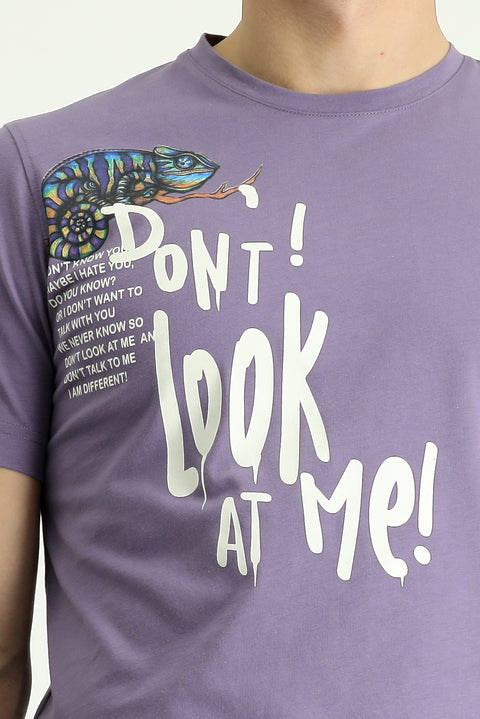 Açık Mor Bisiklet Yaka Regular Fit Baskılı Pamuk Tişört