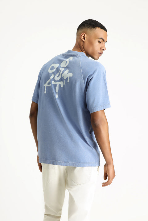 İndigo Bisiklet Yaka Oversize Baskılı Pamuk Tişört