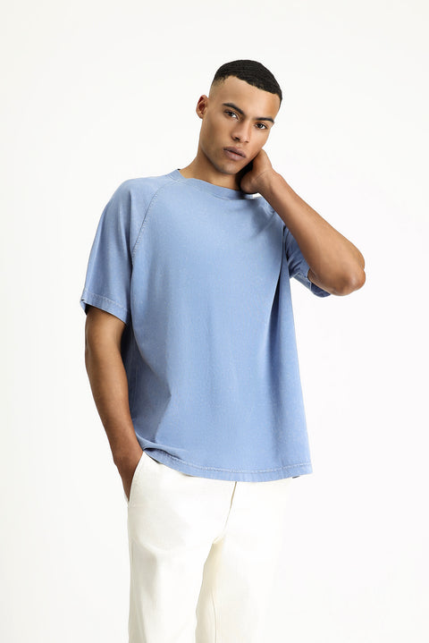 İndigo Bisiklet Yaka Oversize Baskılı Pamuk Tişört