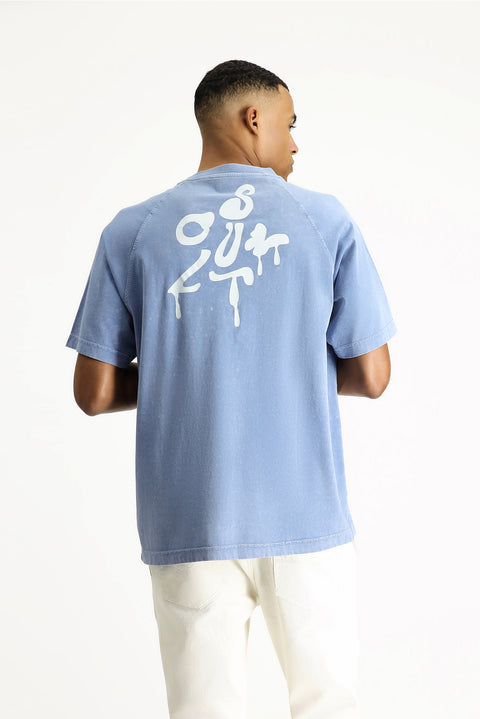 İndigo Bisiklet Yaka Oversize Baskılı Pamuk Tişört