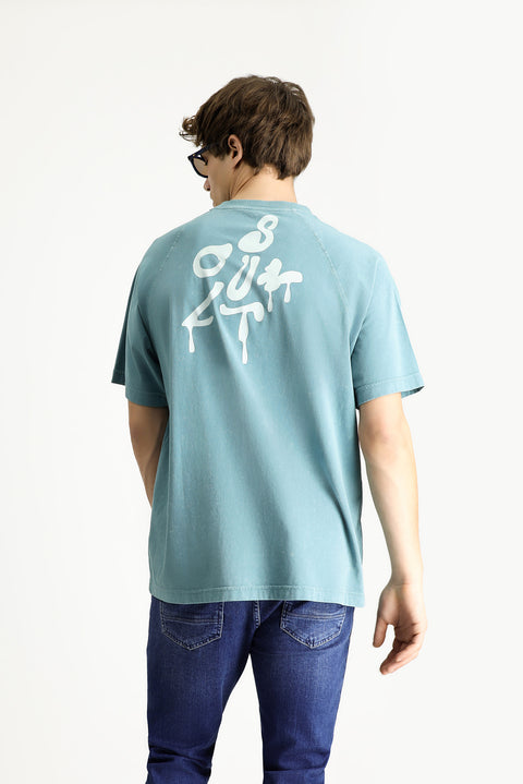 Koyu Yeşil Bisiklet Yaka Oversize Baskılı Pamuk Tişört