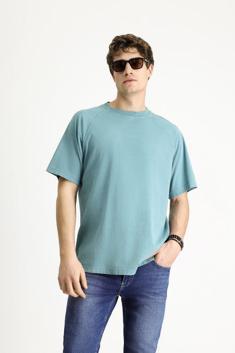 Koyu Yeşil Bisiklet Yaka Oversize Baskılı Pamuk Tişört